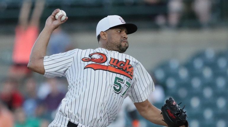 Ducks pitcher Francisco Rodriguez #57 pitching in the 9th inning...