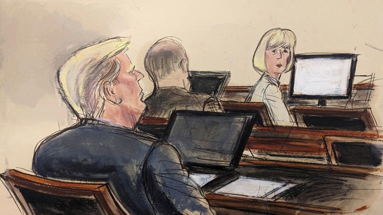 In this courtroom sketch, E. Jean Carroll, right, turns around...
