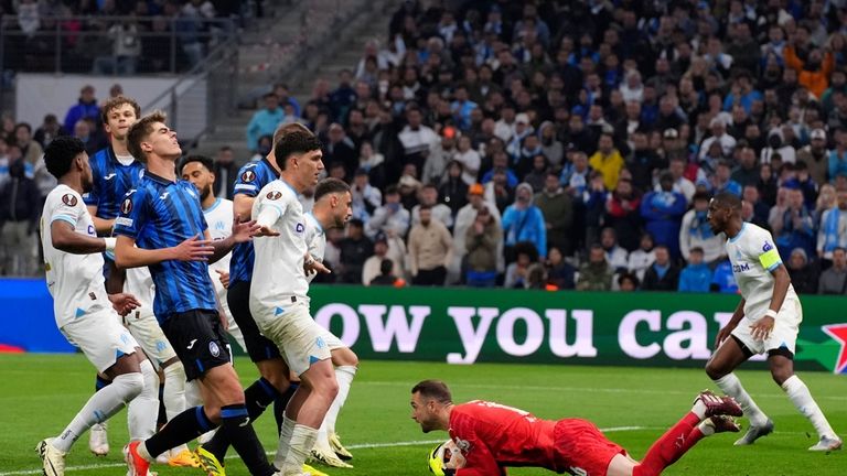 Marseille's goalkeeper Pau Lopez catches the ball during the Europa...