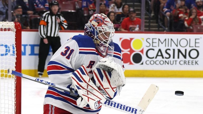 Igor Shesterkin of the Rangers tends goal against the Florida...