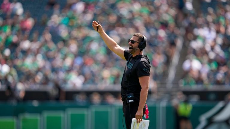 Philadelphia Eagles head coach Nick Sirianni gestures during the first...