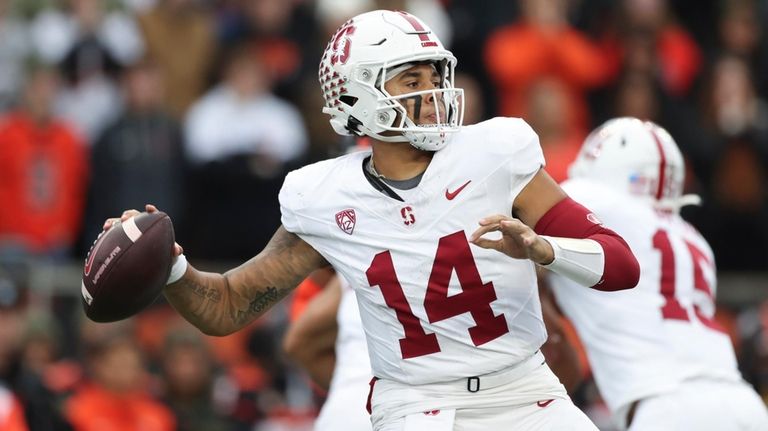 Stanford quarterback Ashton Daniels (14) looks to pass during the...