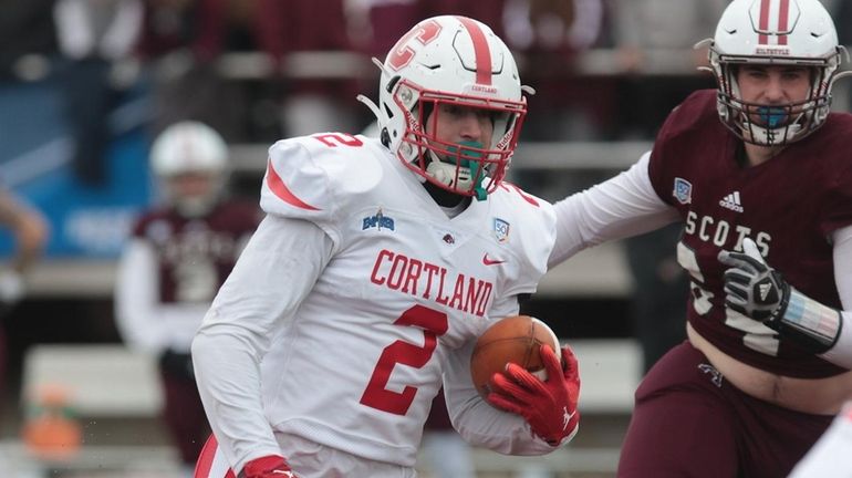 SUNY Cortland running back Jaden AlfanoStJohn rushes against Alma College on...