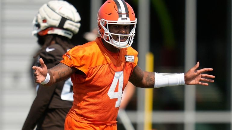 Cleveland Browns quarterback Deshaun Watson during an NFL football practice,...