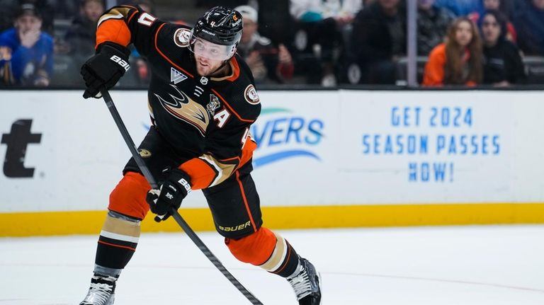 Anaheim Ducks defenseman Cam Fowler shoots the puck during the...