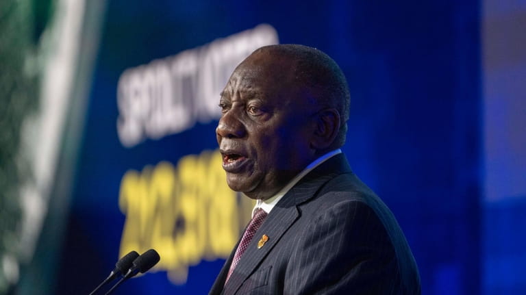 South African President Cyril Ramaphosa delivers his speech at the...