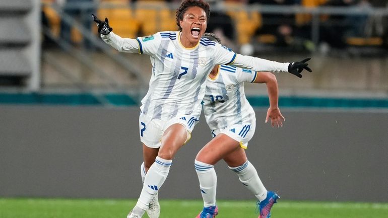 Philippines' Sarina Bolden reacts after scoring her team's first goal...