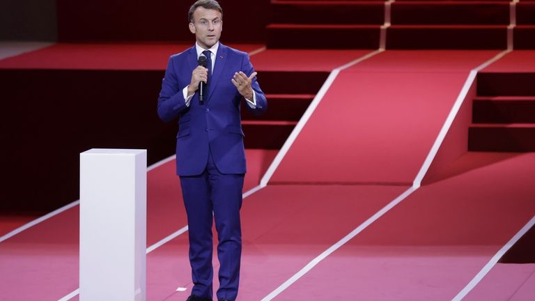 French President Emmanuel Macron addresses the audience during the Sport...