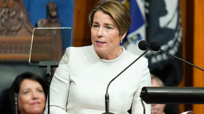 Massachusetts Gov. Maura Healey delivers her inaugural address in the...