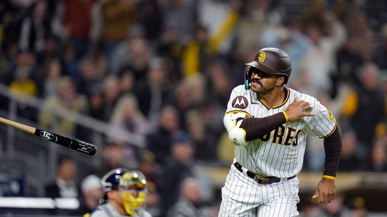 San Diego Padres' Trent Grisham reacts after hitting a home run