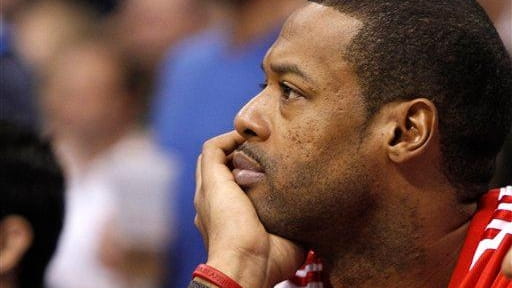 Portland Trail Blazers forward Marcus Camby on the bench during...