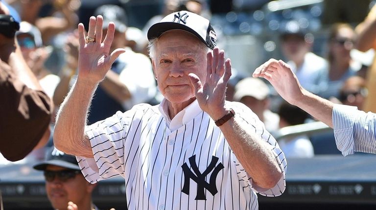 Former New York Yankees great Whitey Ford is introduced during...