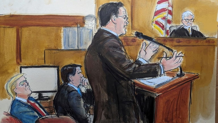 In this courtroom sketch, Tuesday, May 28, 2024, Assistant District...