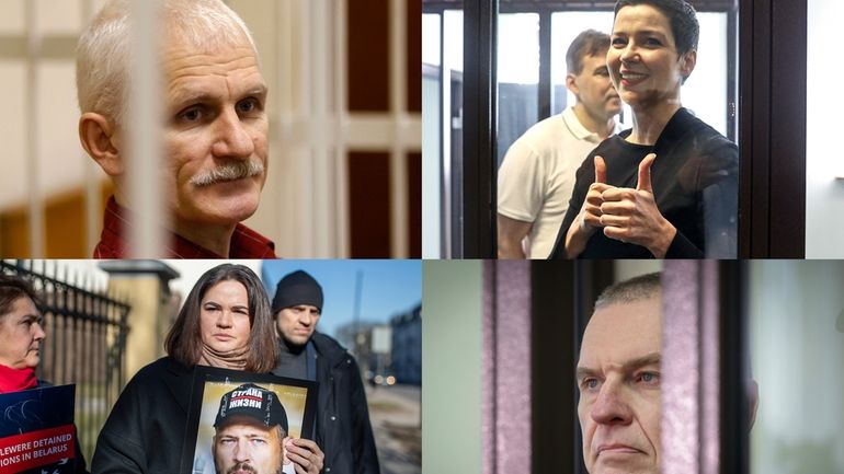 This photo combination shows Belarus political prisoners, clockwise from top...