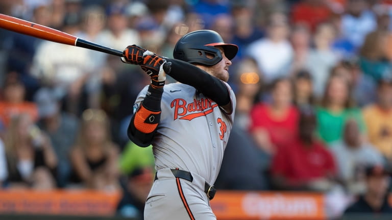 Baltimore Orioles' Ryan O'Hearn hits a RBI-double during the third...