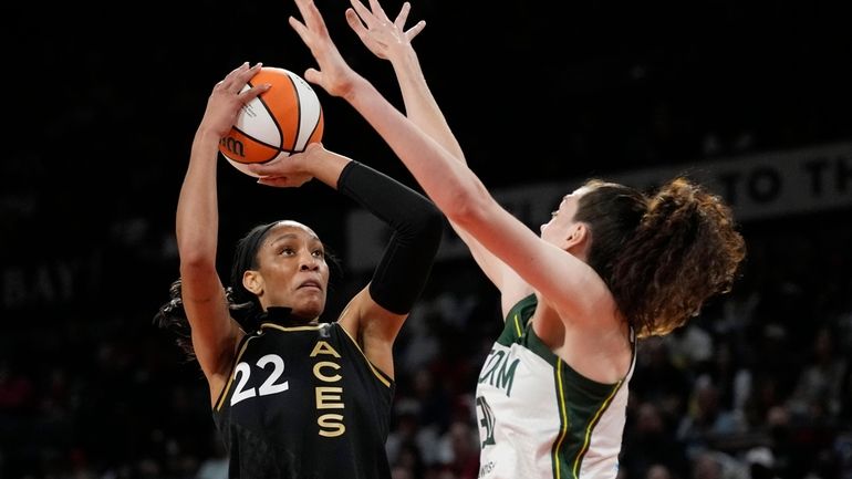 Las Vegas Aces forward A'ja Wilson (22) shoots over Seattle...