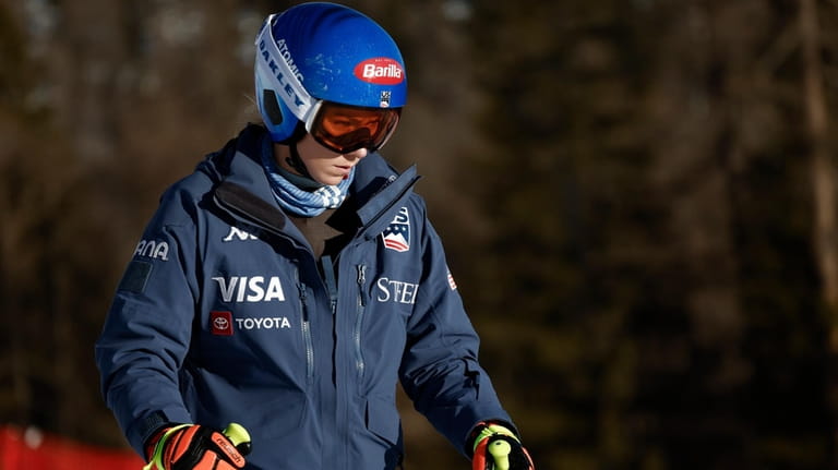 United States' Mikaela Shiffrin concentrates ahead of an alpine ski,...