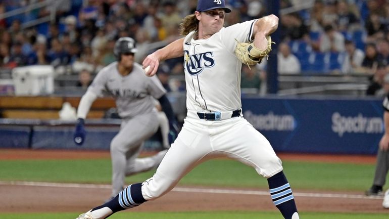 Tampa Bay Rays starter Ryan Pepiot pitches against the New...