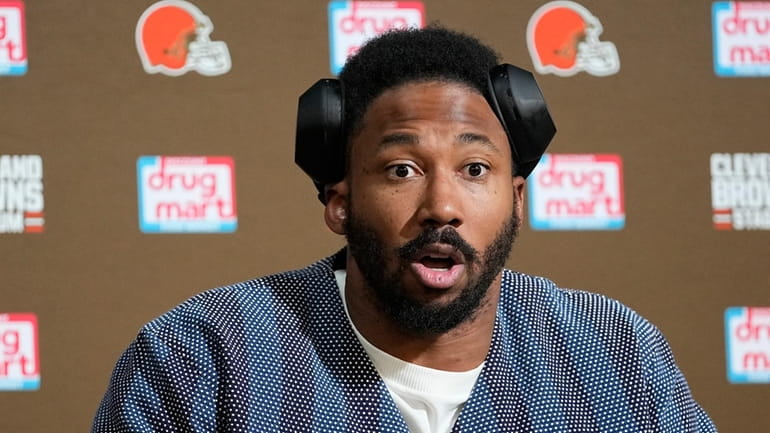 Cleveland Browns defensive end Myles Garrett answers a question after...