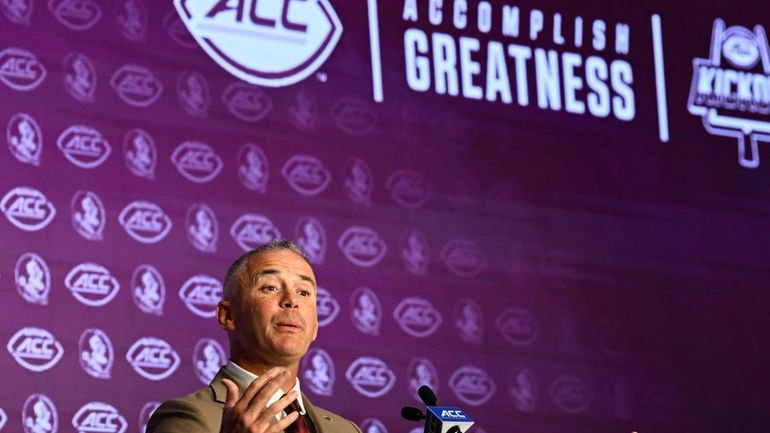 Florida State head coach Mike Norvell speaks during the Atlantic...