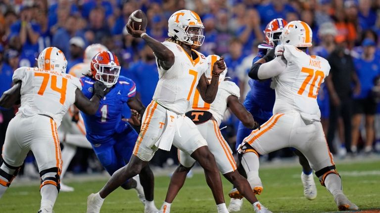 Tennessee quarterback Joe Milton III (7) throws a pass as...