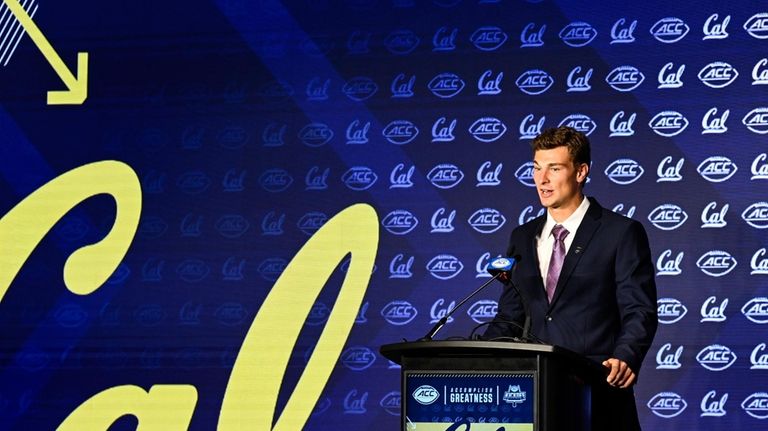 California quarterback Fernando Mendoza speaks during the Atlantic Coast Conference...