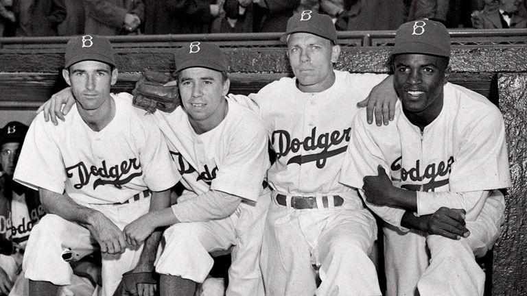 From left, Brooklyn Dodgers third baseman John Jorgensen, shortstop Pee...