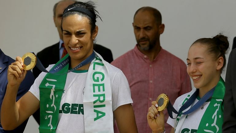 Gold medalist in the the women's 66 kg boxing Algeria's...