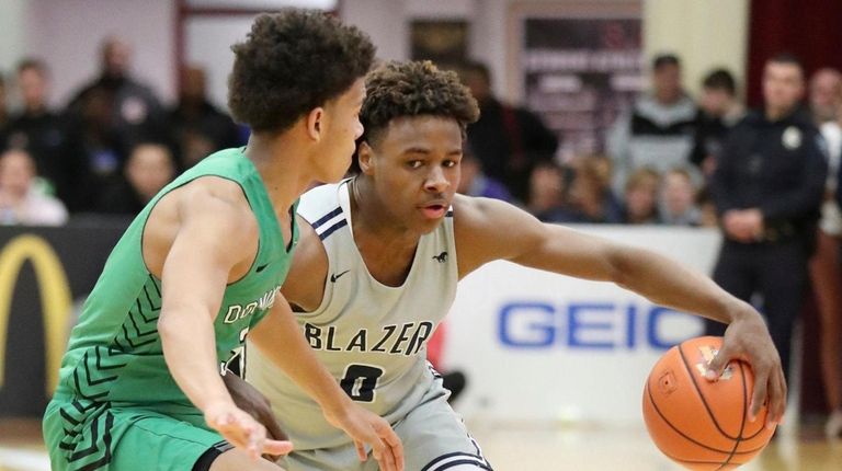 Sierra Canyon's Bronny James, right, against Dominican at the Hoophall...