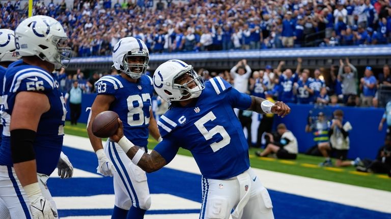 Indianapolis Colts quarterback Anthony Richardson (5) celebrates a touchdown during...