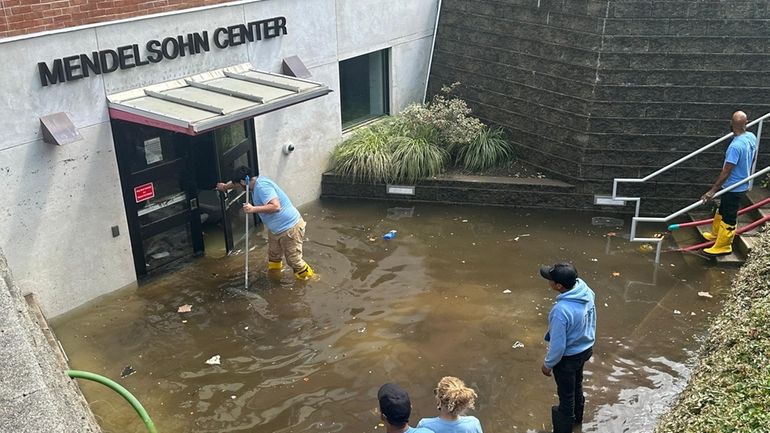 The flooded Mendelsohn Center at Stony Brook University on Monday.