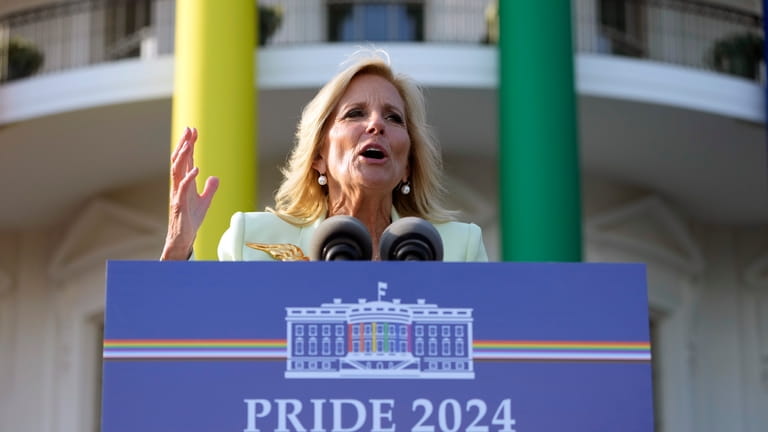 First lady Jill Biden speaks at a Pride Month celebration...