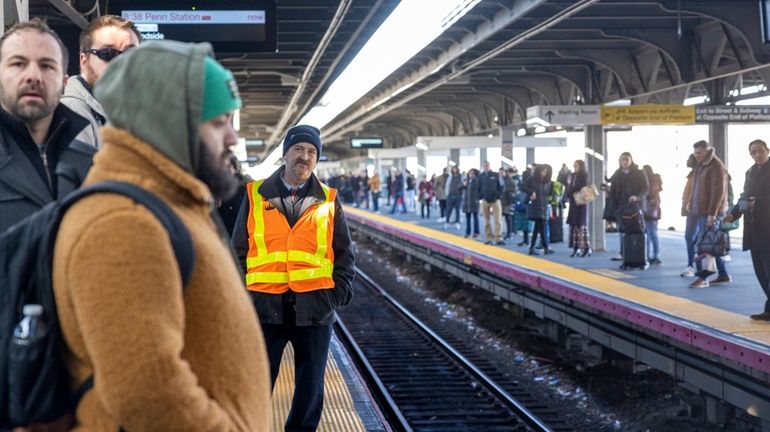 Commuters at the Jamaica LIRR station in March 2023.