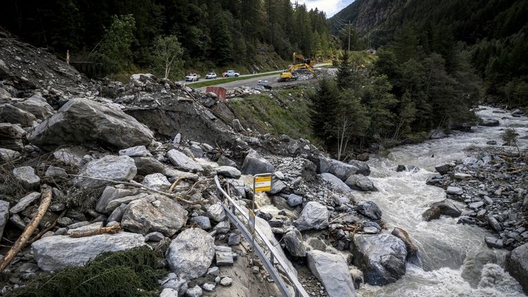 A road is blocked in Eisten, Switzerland, Friday, Sept. 5,...