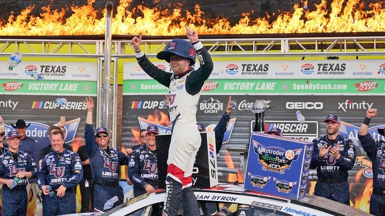 William Byron (24) celebrates winning the NASCAR Cup Series auto...