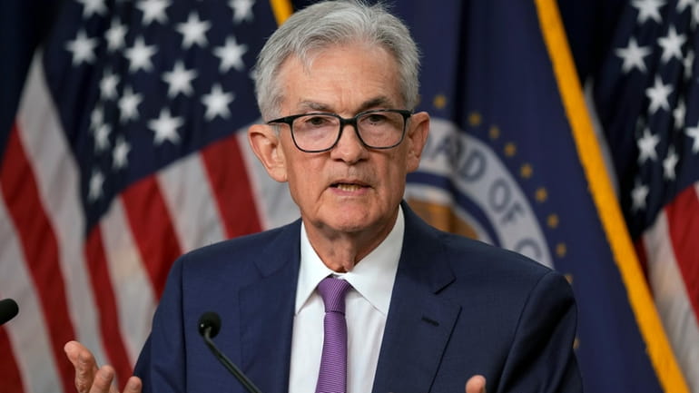 Federal Reserve Board Chair Jerome Powell speaks during a news...