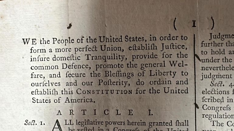 Part of an 1787 copy of the U.S. Constitution that...