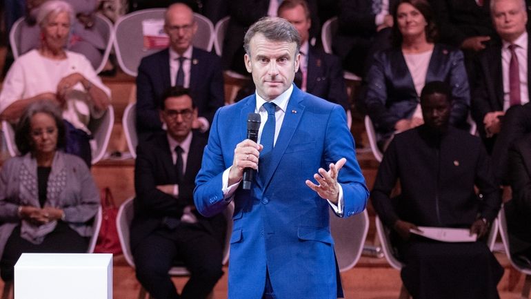 French President Emmanuel Macron addresses the audience during the Sport...