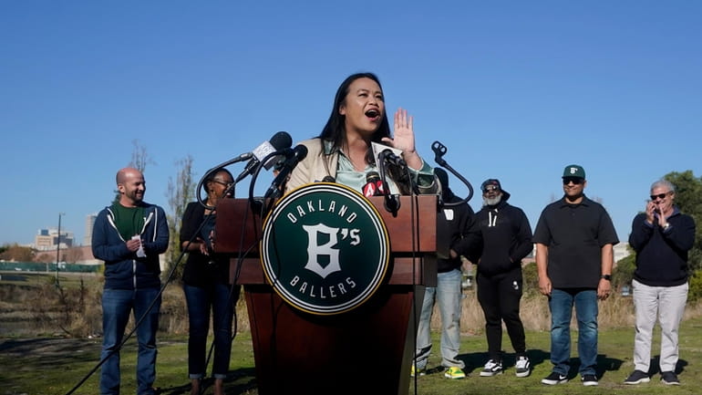 Oakland Mayor Sheng Thao speaks during a news conference at...