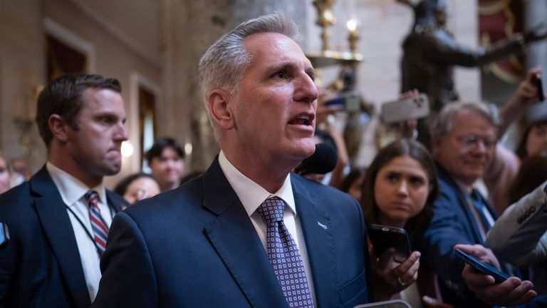 Speaker of the House Kevin McCarthy, R-Calif., stops for reporters'...