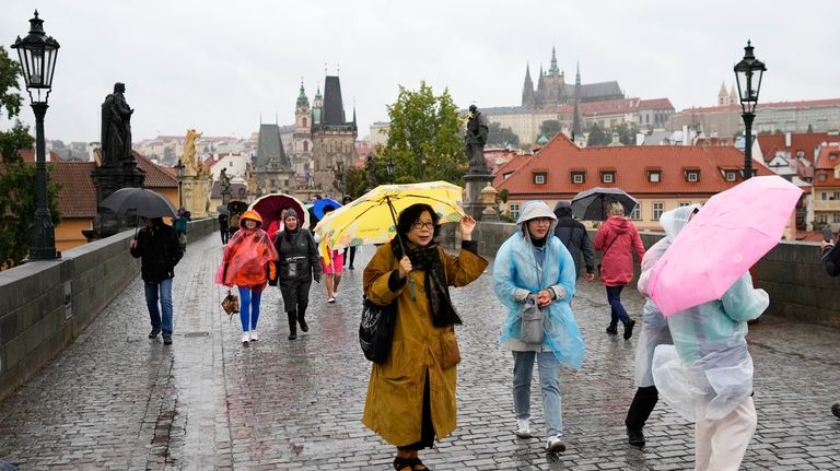 People with umbrellas against the rain as they cross the...