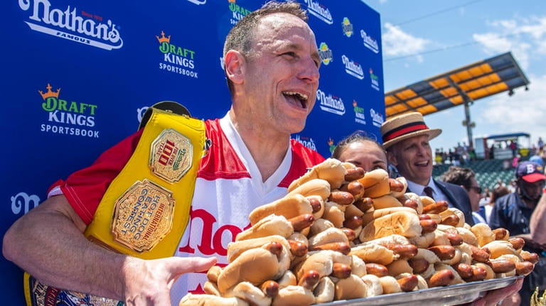 Joey Chestnut, winner of the 2021 Nathan's Famous Fourth of...