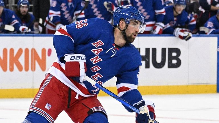 Rangers defenseman Erik Gustafsson skates against the Nashville Predators in...