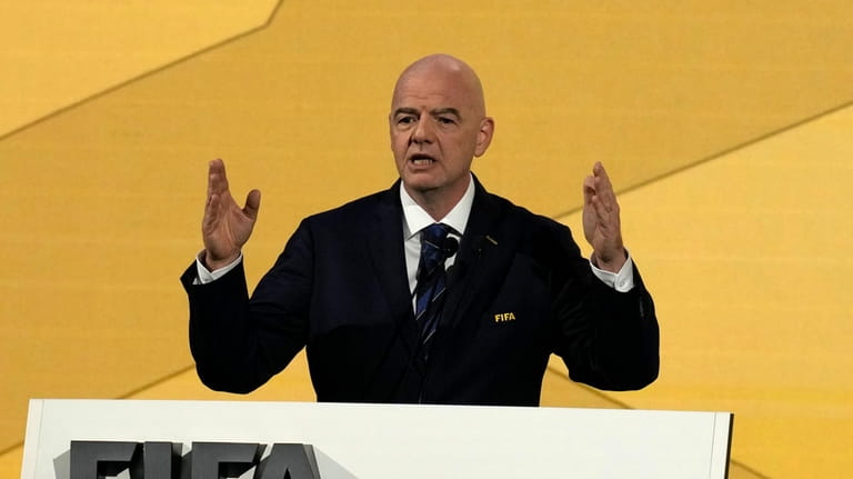 FIFA President Gianni Infantino delivers his speech at the FIFA...
