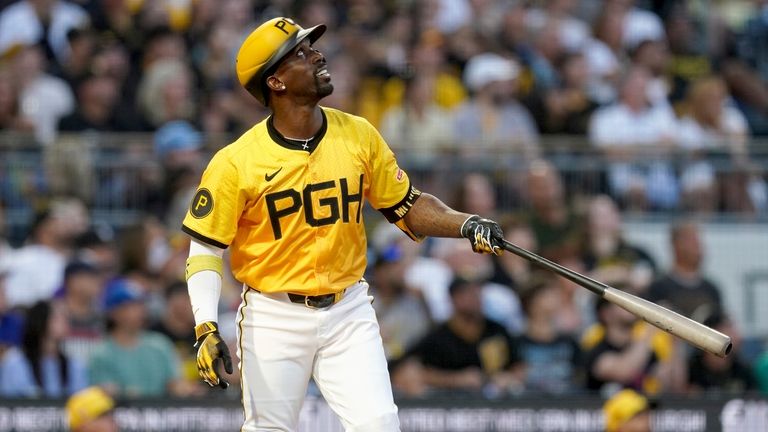 Pittsburgh Pirates' Andrew McCutchen watches his sacrifice fly during the...