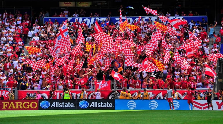 Red Bulls supporters cheer on their team late in the...