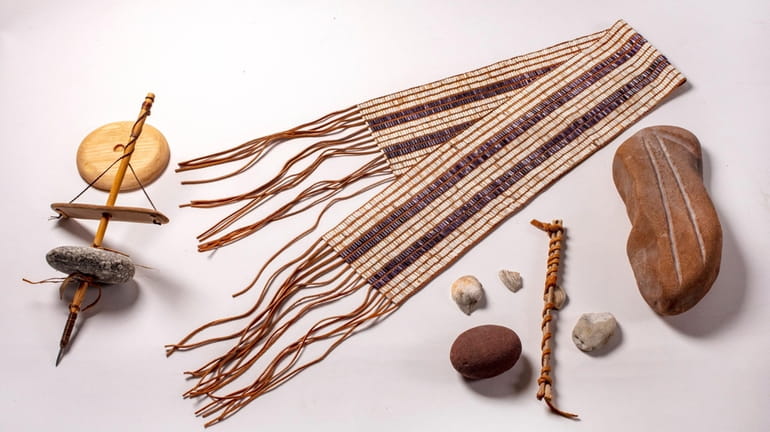 The recently commissioned Two Row wampum belt, with the tools used to...