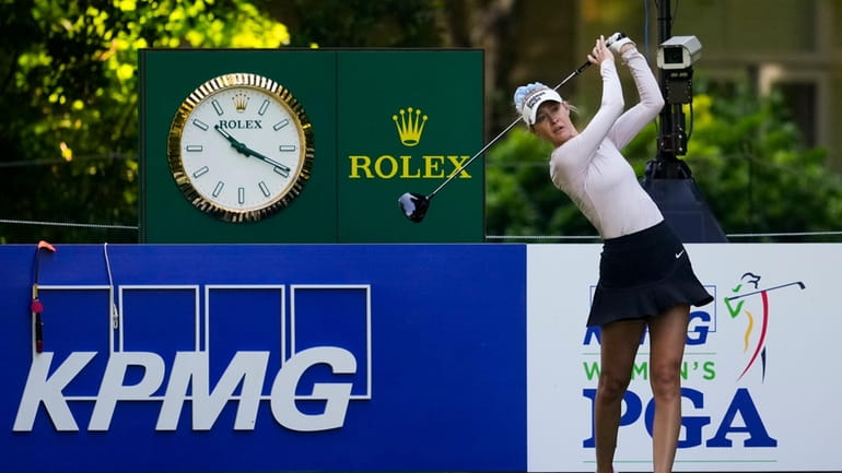 Nelly Korda tees off at the 18th hole during a...