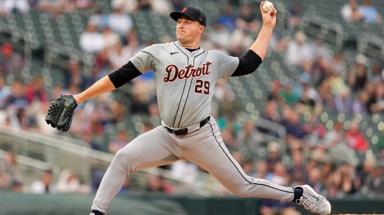 Detroit Tigers starting pitcher Tarik Skubal (29) delivers during the...