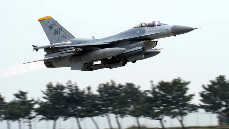A U.S. Air Force's F-16 fighter takes off during an...